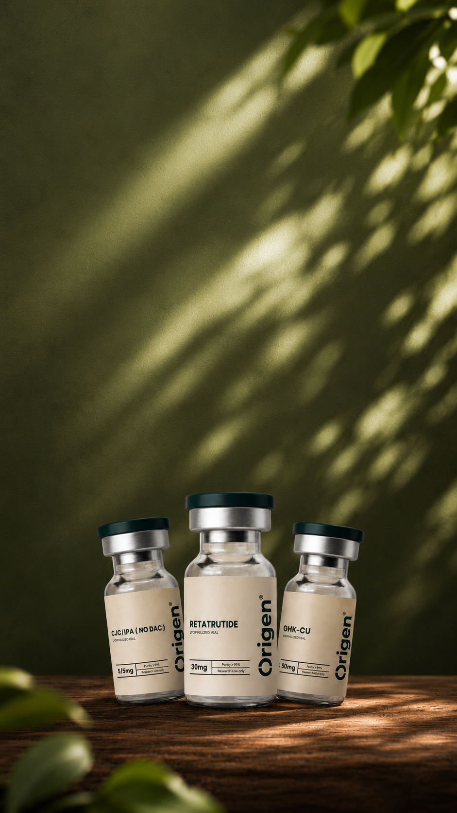 Origen vials in natural daylight on a wooden surface