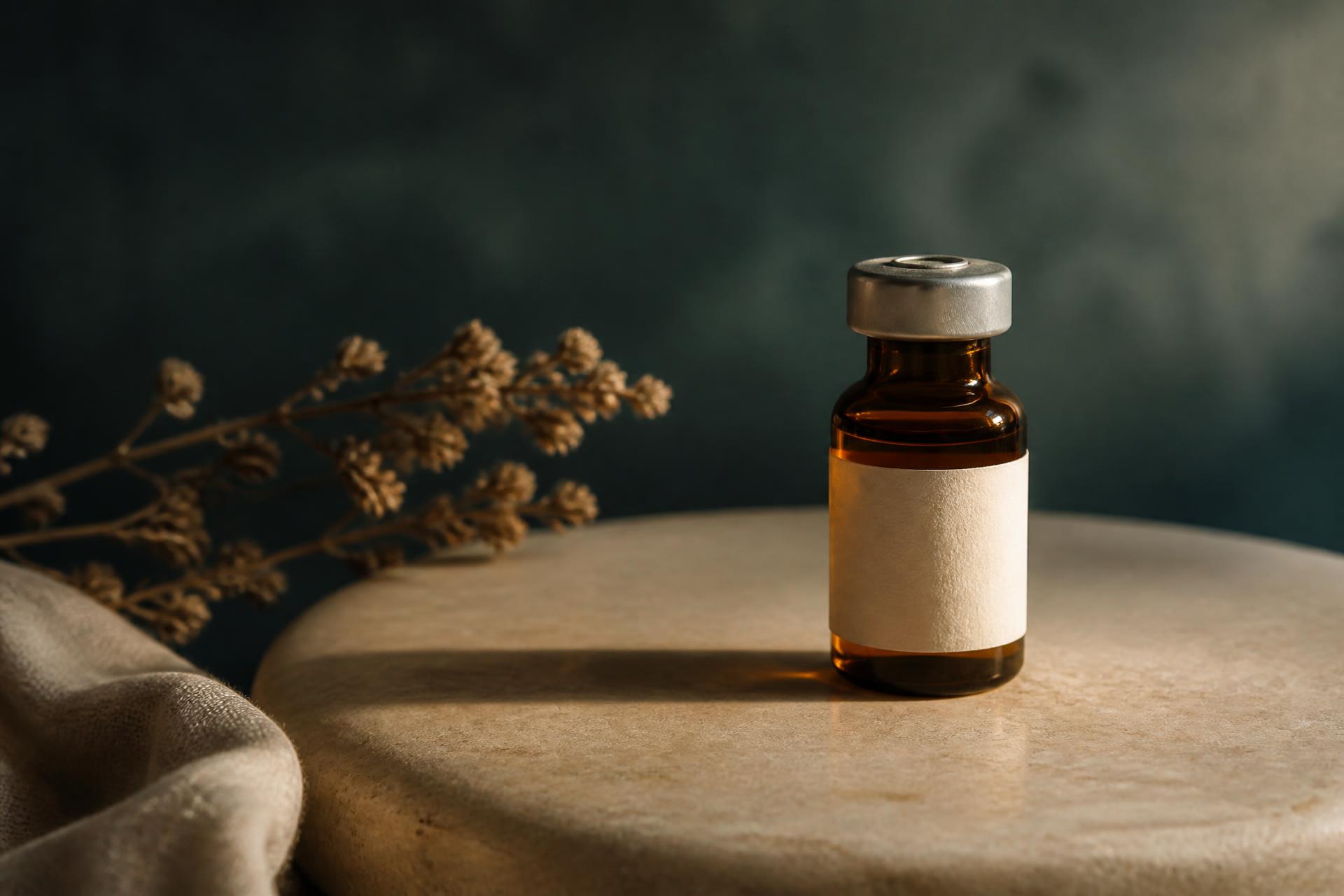 Amber-glass peptide vial on a bone-colored stone surface, lit by warm side light against a deep teal backdrop